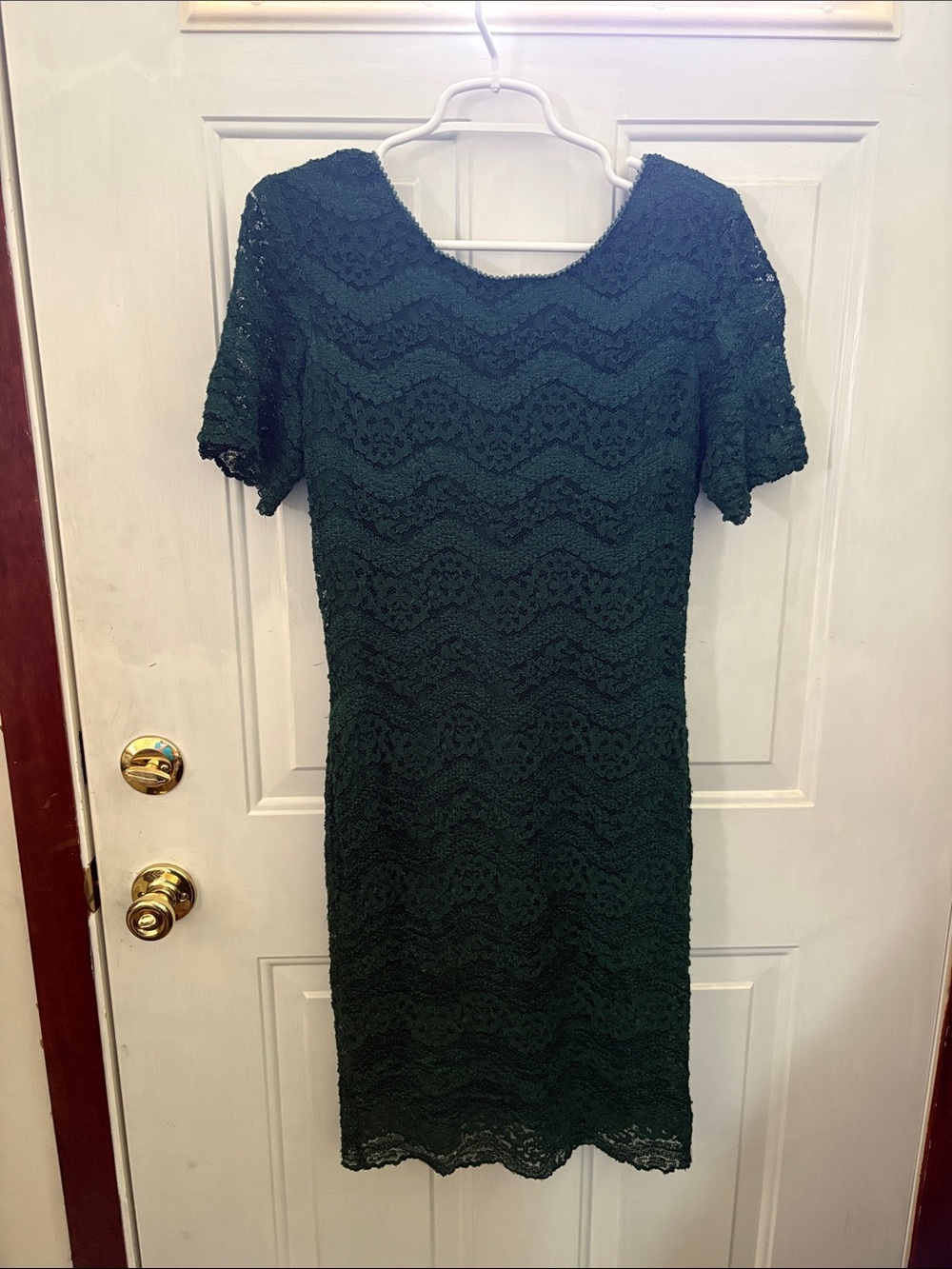 Vtg Nina Piccalino Dark Green Lace Midi Dress with shoulder pads